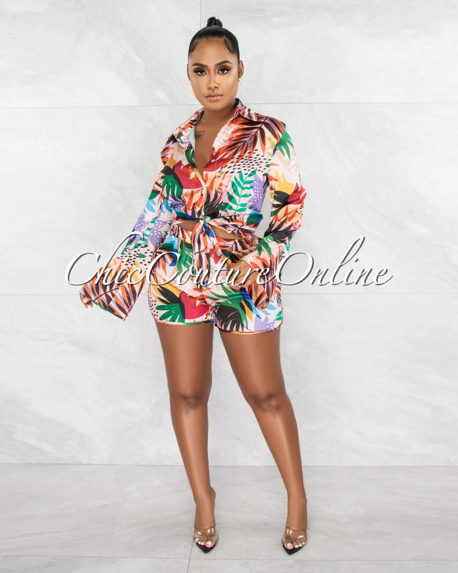 *Dagwood Multi-Color Leaf Print Silky Shirt & Mini Shorts Set sold by Chic Couture product image thumbnail 2