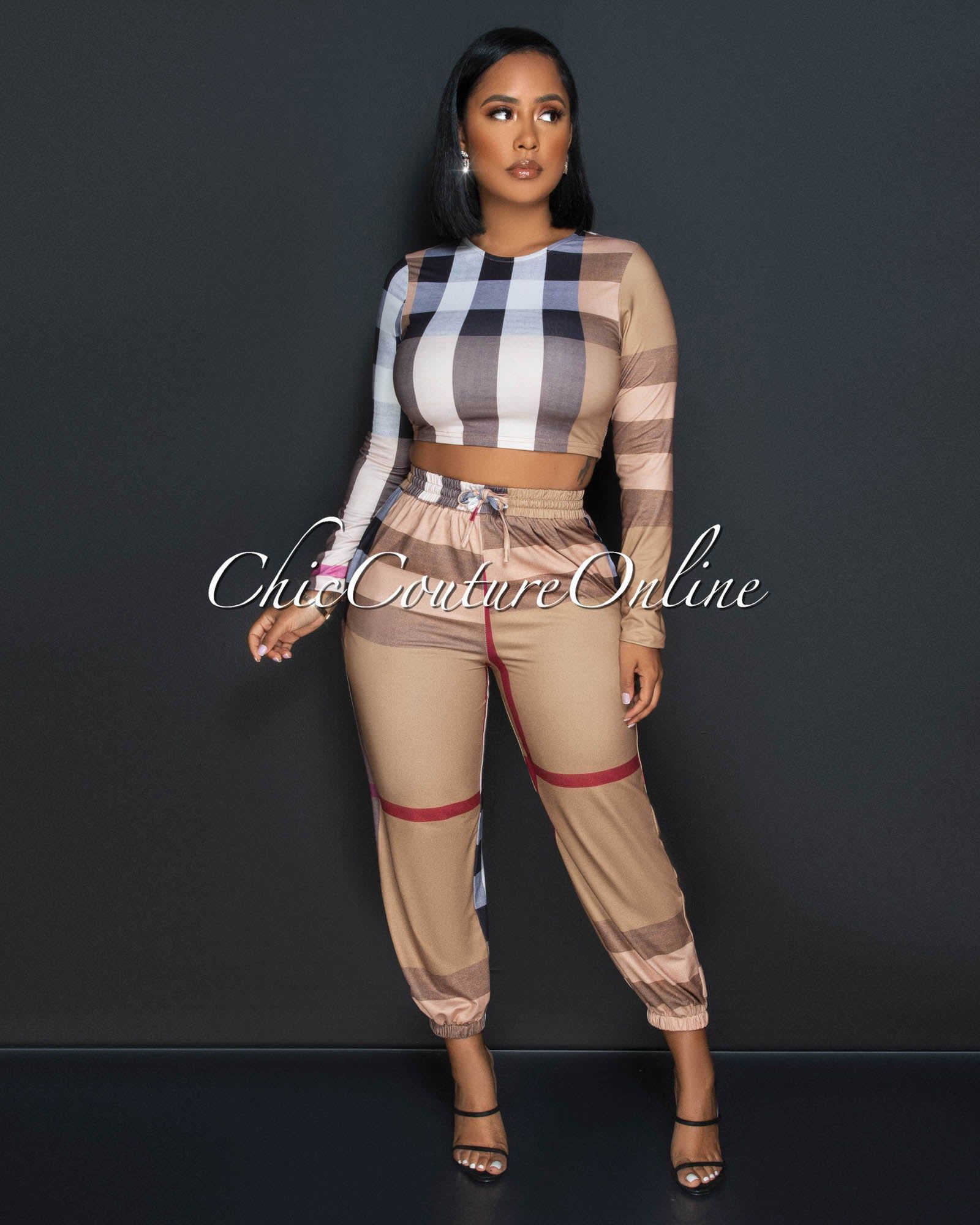 Lownie Camel Plaid Crop Top & Jogger Set sold by Chic Couture