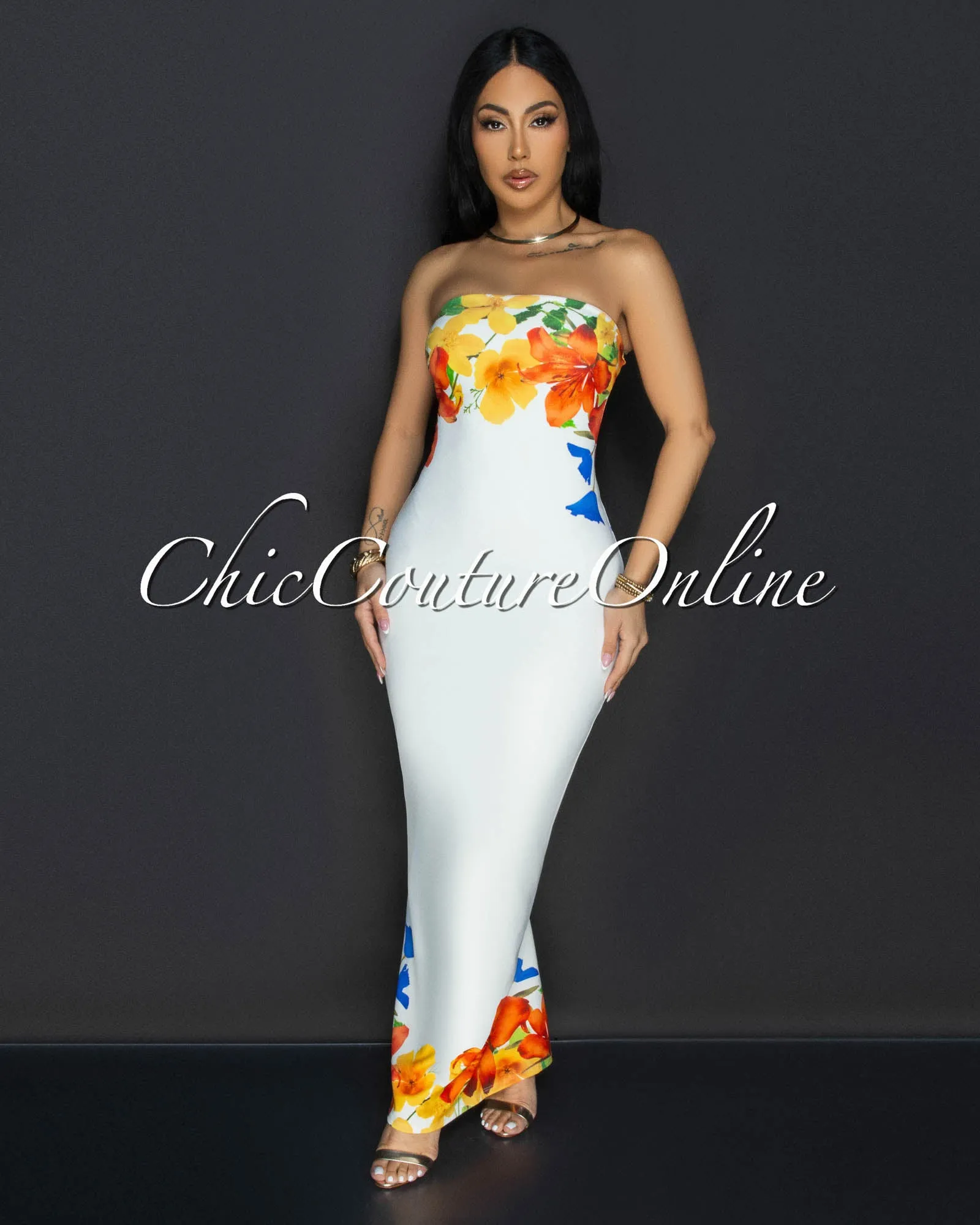 Iami Cream Floral Strapless Maxi Dress sold by Chic Couture