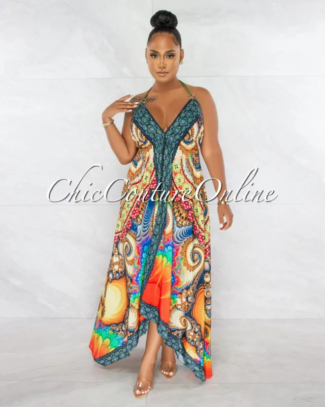 Spice Multi-Color Print Rhinestones Halter Maxi Dress sold by chic