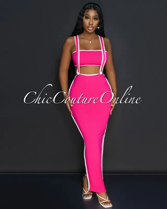 Ola Pink White Tube Crop Top & Overall Skirt Set sold by Chic Couture
