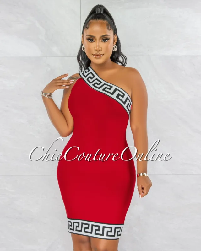 *Rokka Red White Black Fret Print Strapless Bandage Dress sold by Chic Couture