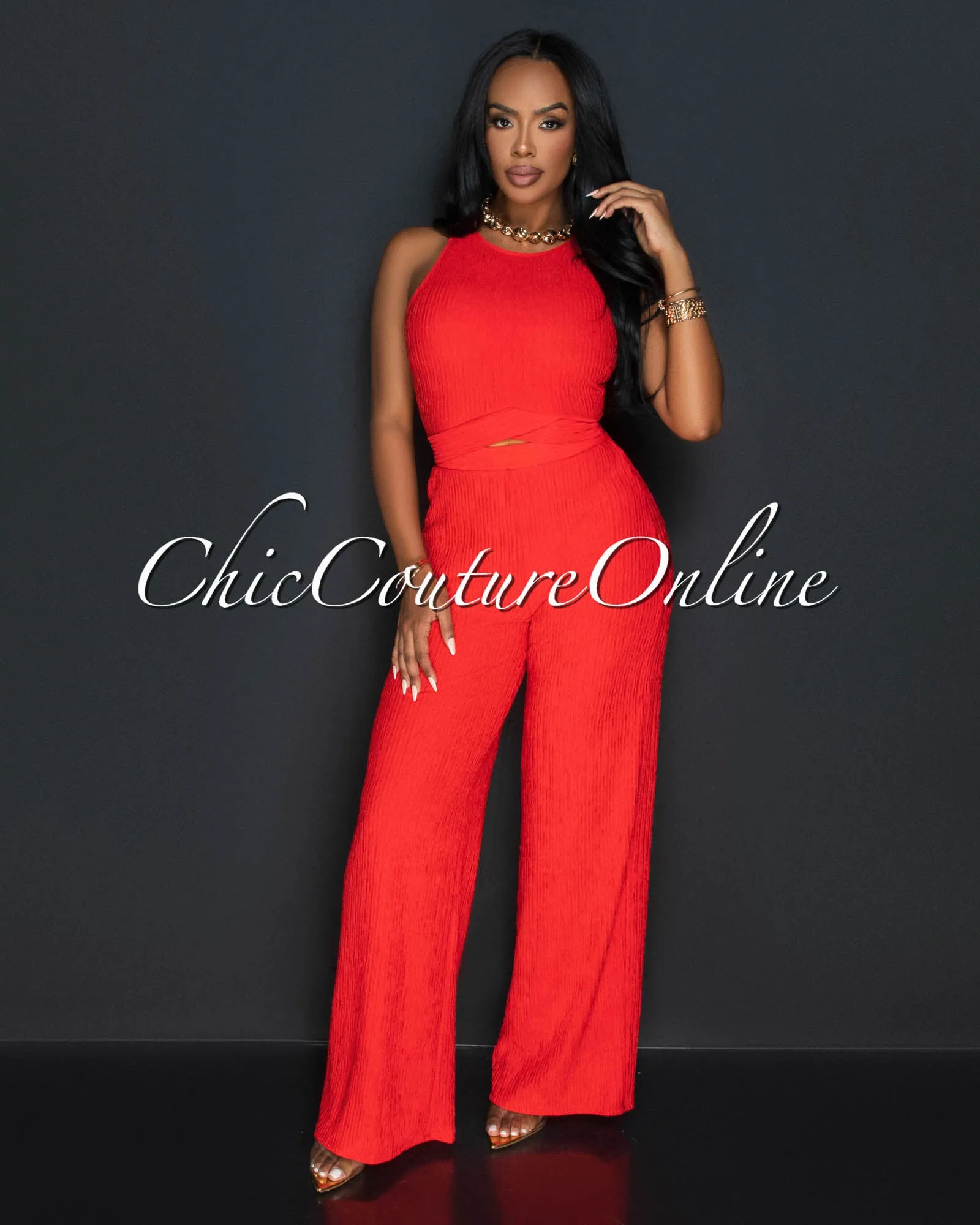 *Rohana Orange Crop Top & Wide Pants Textured Set sold by Chic Couture product image thumbnail 2