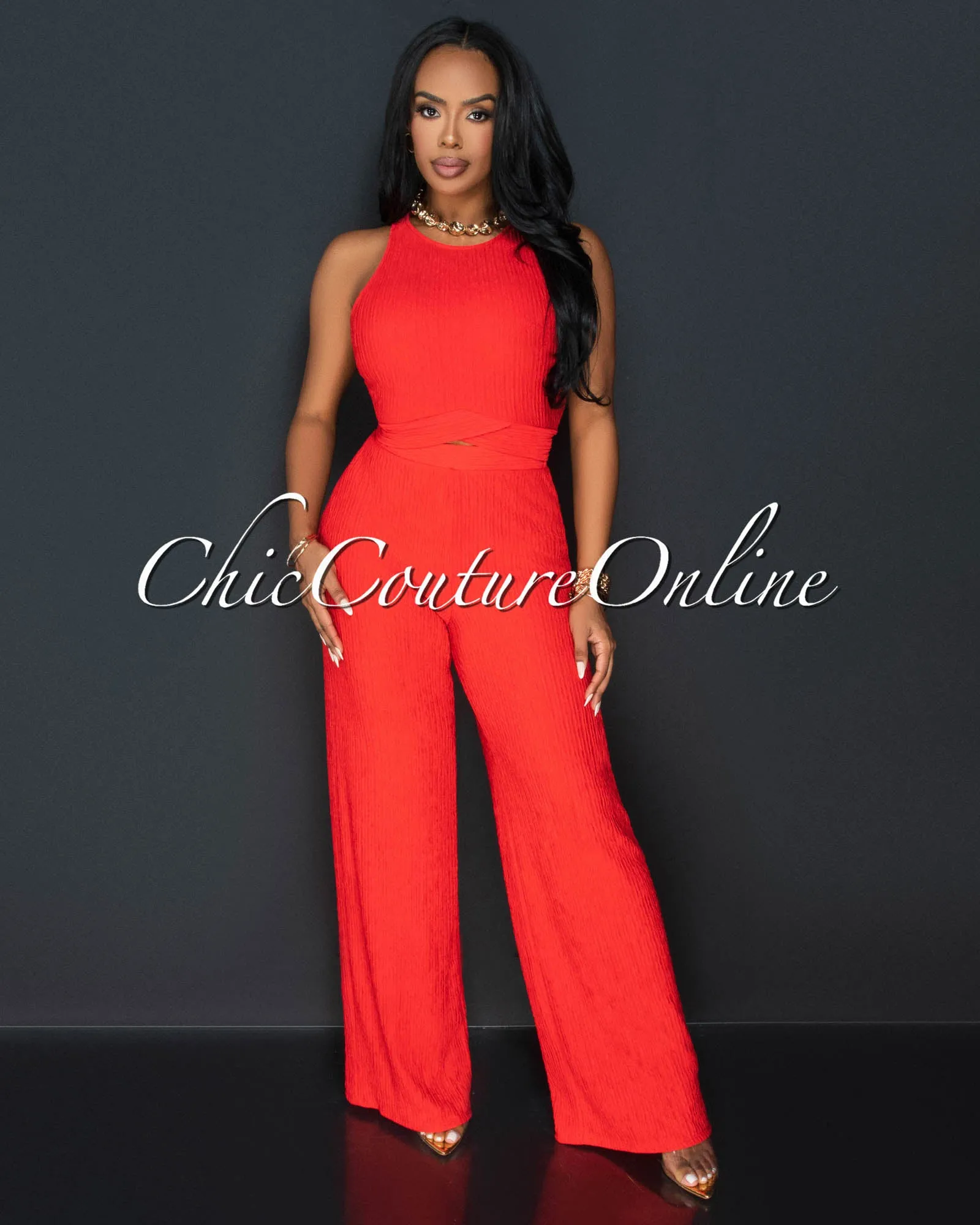 *Rohana Orange Crop Top & Wide Pants Textured Set sold by Chic Couture