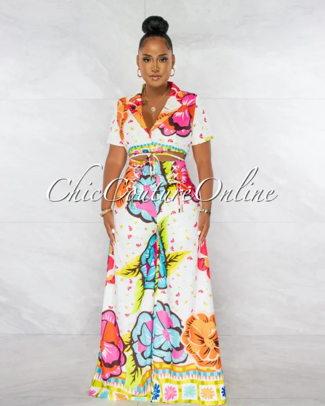 *Gardenia White Pink Blazer Crop Top & Wide Pants Set sold by Chic Couture