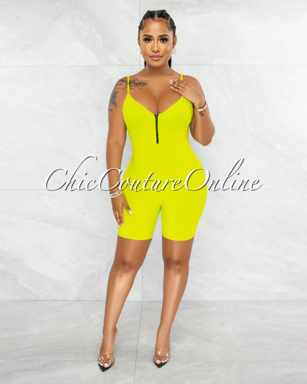 *Jerram Lime Green Ribbed Front Zipper Romper sold by Chic Couture product image thumbnail 2