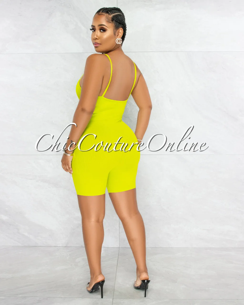 *Jerram Lime Green Ribbed Front Zipper Romper sold by Chic Couture product image thumbnail 3