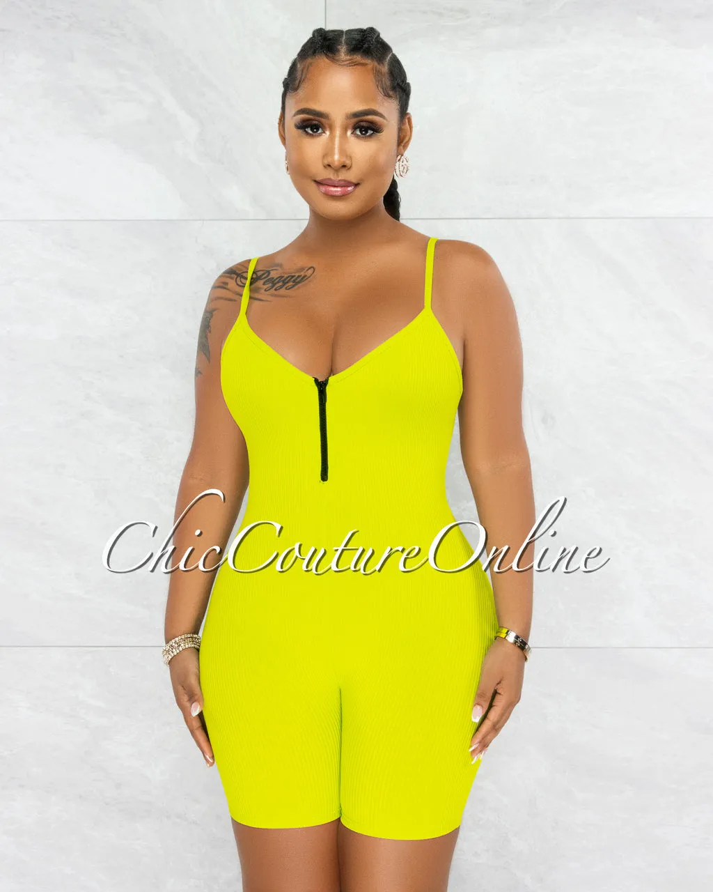 *Jerram Lime Green Ribbed Front Zipper Romper sold by Chic Couture