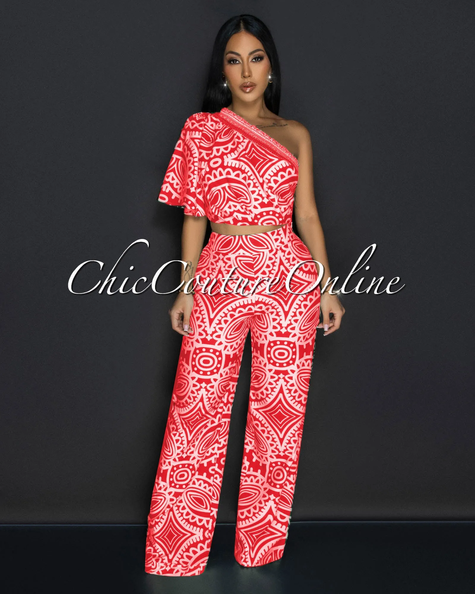 Odana Red Beige Single Shoulder Top & Pants Set sold by Chic Couture