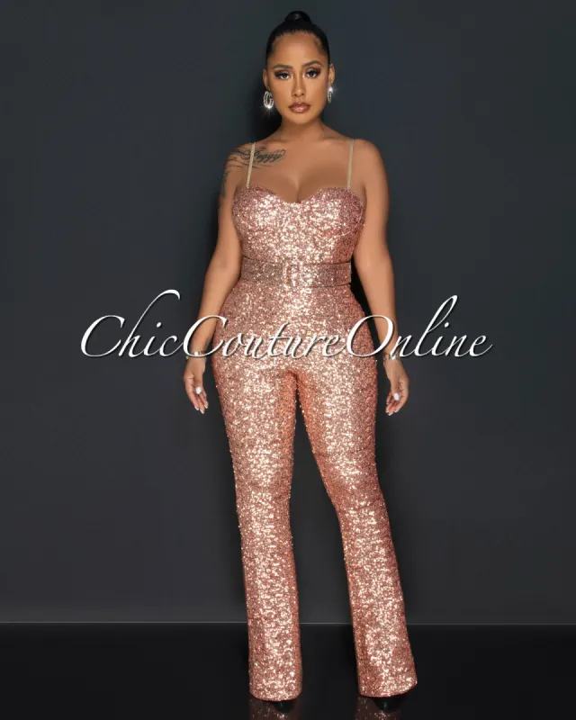 *Claster Rose Gold Sequins Belt Jumpsuit sold by Chic Couture