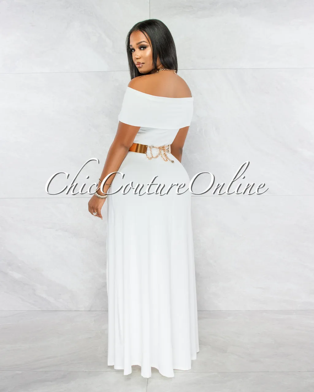 *Brielle Off-White Off-The Shoulder Side Slit Maxi Dress sold by Chic Couture product image thumbnail 3