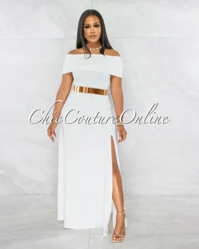 *Brielle Off-White Off-The Shoulder Side Slit Maxi Dress sold by Chic Couture