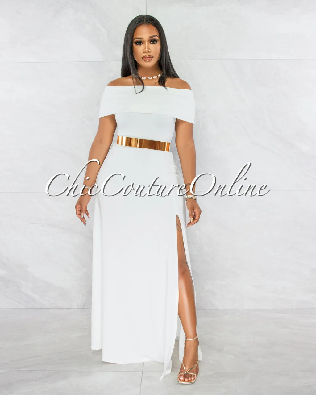 *Brielle Off-White Off-The Shoulder Side Slit Maxi Dress sold by Chic Couture