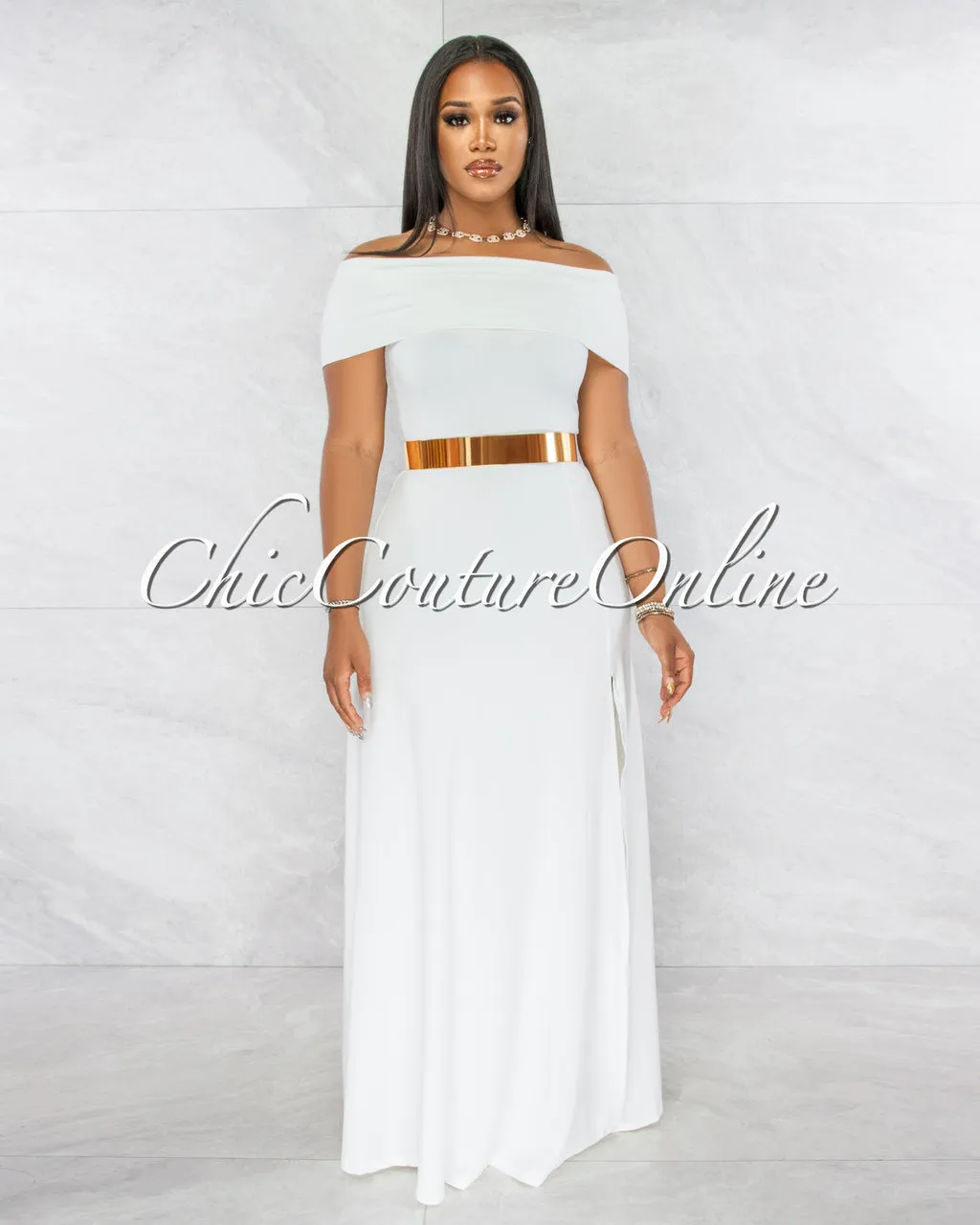 *Brielle Off-White Off-The Shoulder Side Slit Maxi Dress sold by Chic Couture product image thumbnail 2