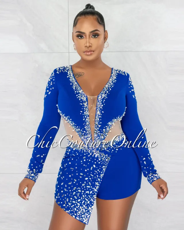 *Sebban Royal Blue Rhinestones Mesh Accent Romper sold by Chic Couture