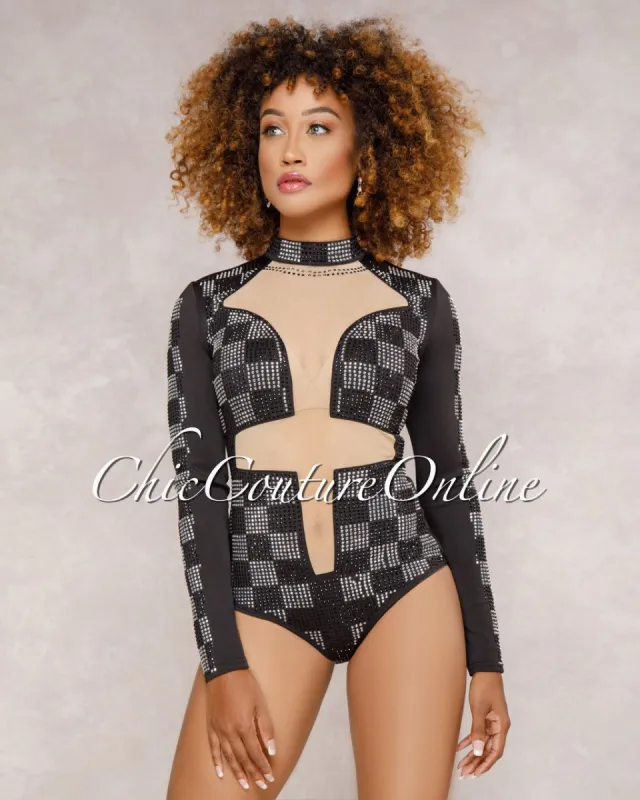 *Bexxie Black Nude Rhinestones Bodysuit sold by Chic Couture