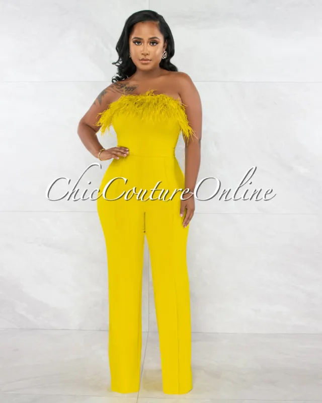 *Concetta Lime Feather Neckline Strapless Jumpsuit sold by Chic Couture