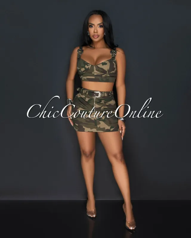 Zina Army Print Silver Belt Accent Top & Mini Skirt Set sold by Chic Couture