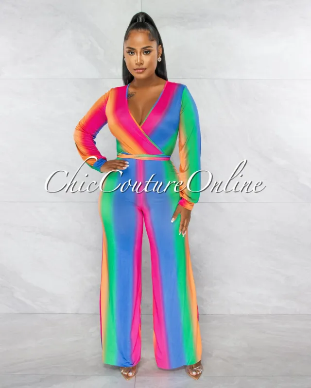 *Sheila Blue Orange Ombré Multi-Color Stripes Jumpsuit sold by Chic Couture