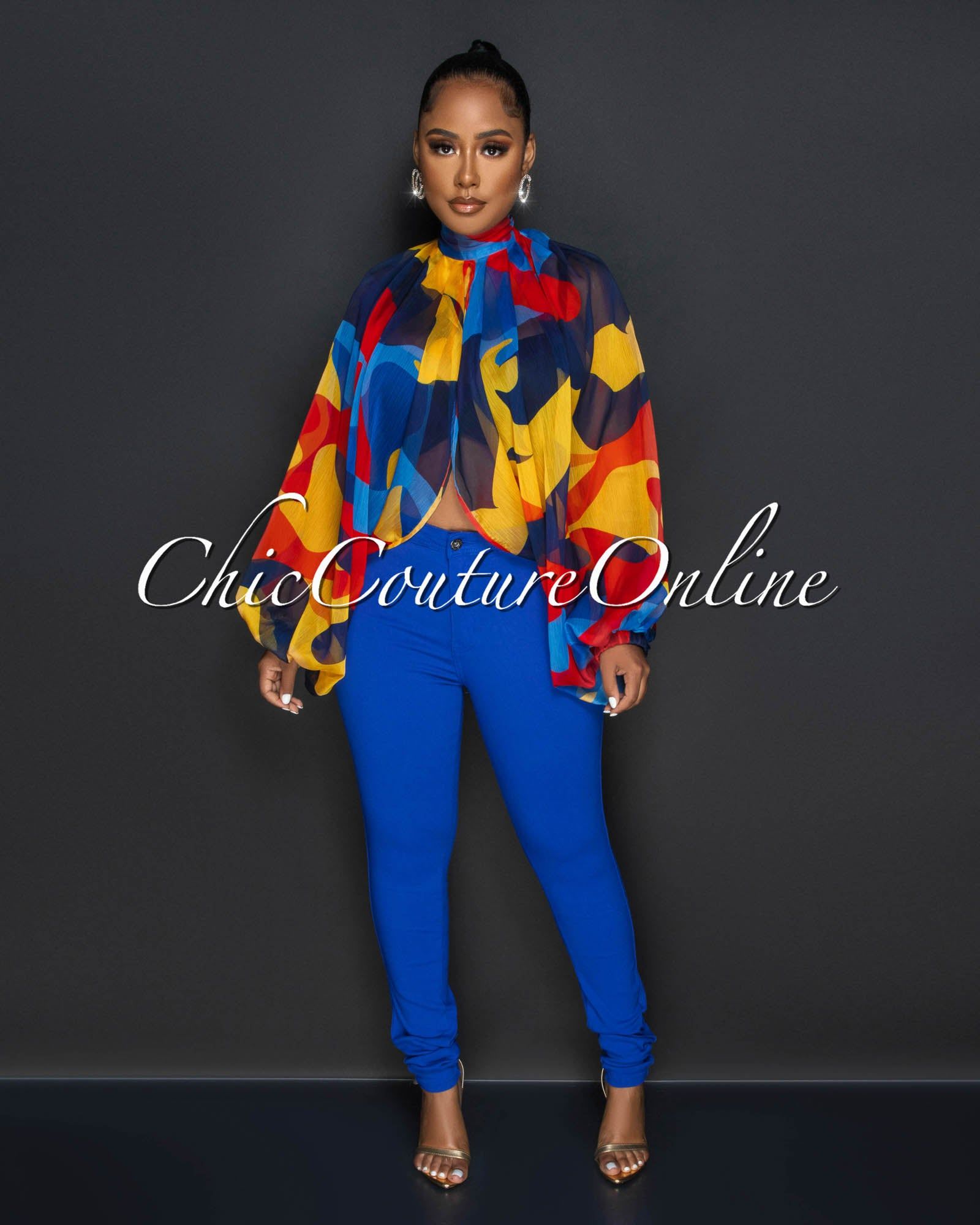 Maurice Blue Red Yellow Print Sheer Flowy Top sold by Chic Couture product image thumbnail 2