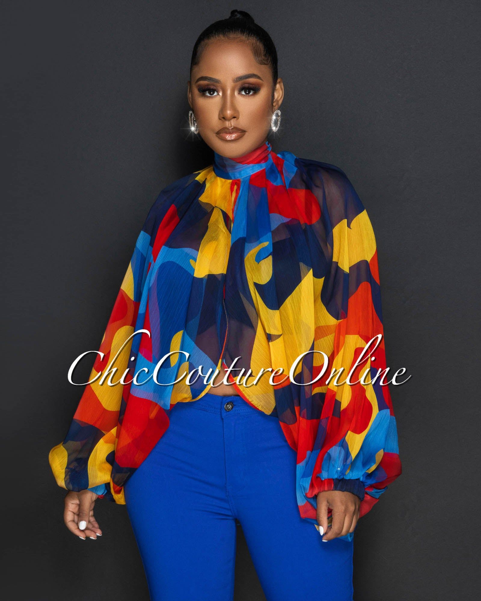 Maurice Blue Red Yellow Print Sheer Flowy Top sold by Chic Couture product image thumbnail 4