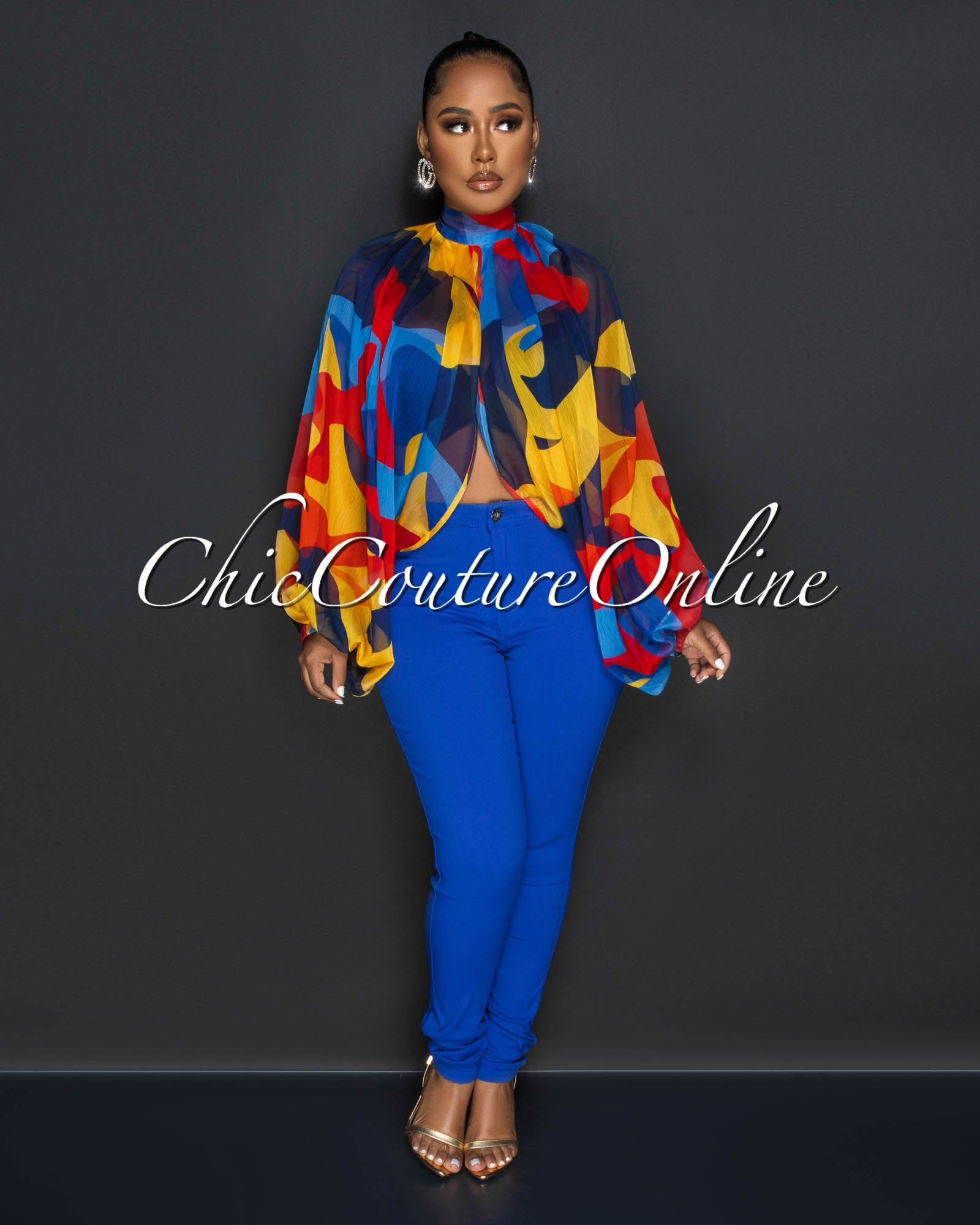 Maurice Blue Red Yellow Print Sheer Flowy Top sold by Chic Couture