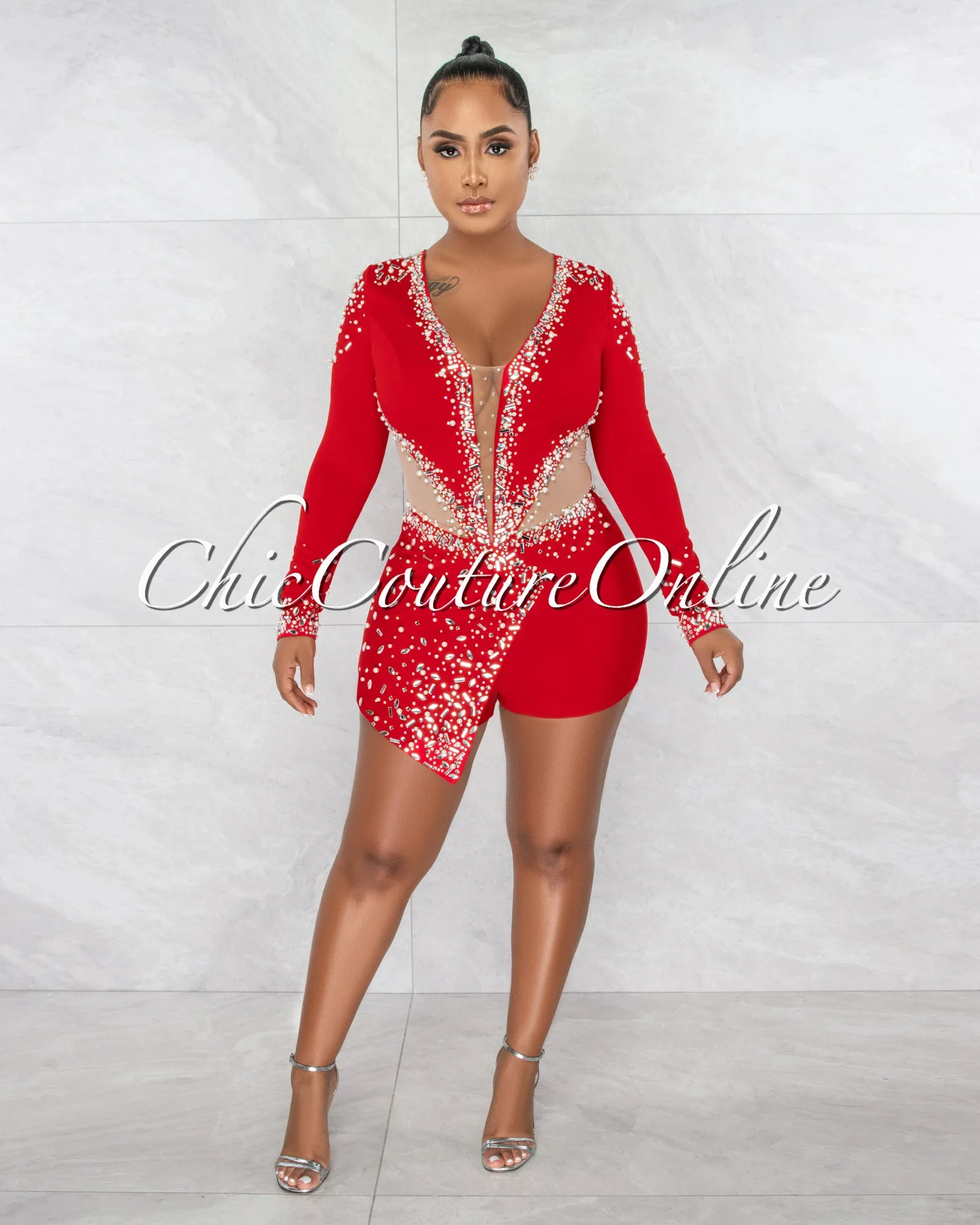 *Sebban Red Rhinestones Mesh Accent Romper sold by Chic Couture product image thumbnail 3