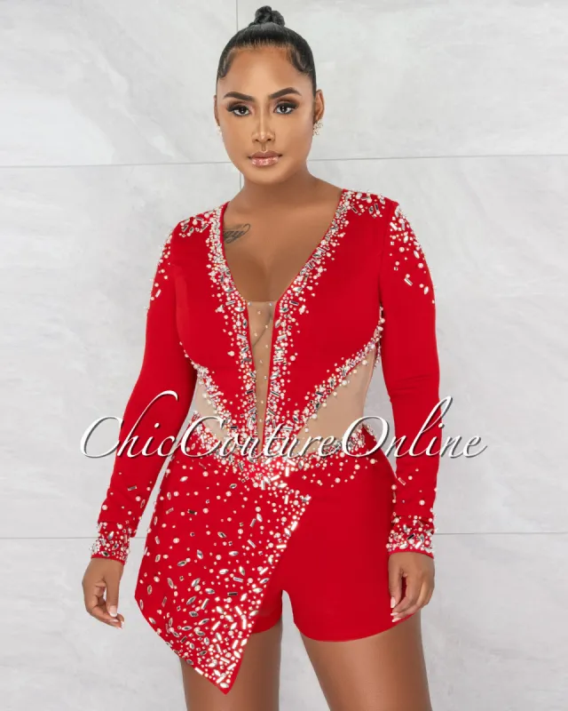 *Sebban Red Rhinestones Mesh Accent Romper sold by Chic Couture