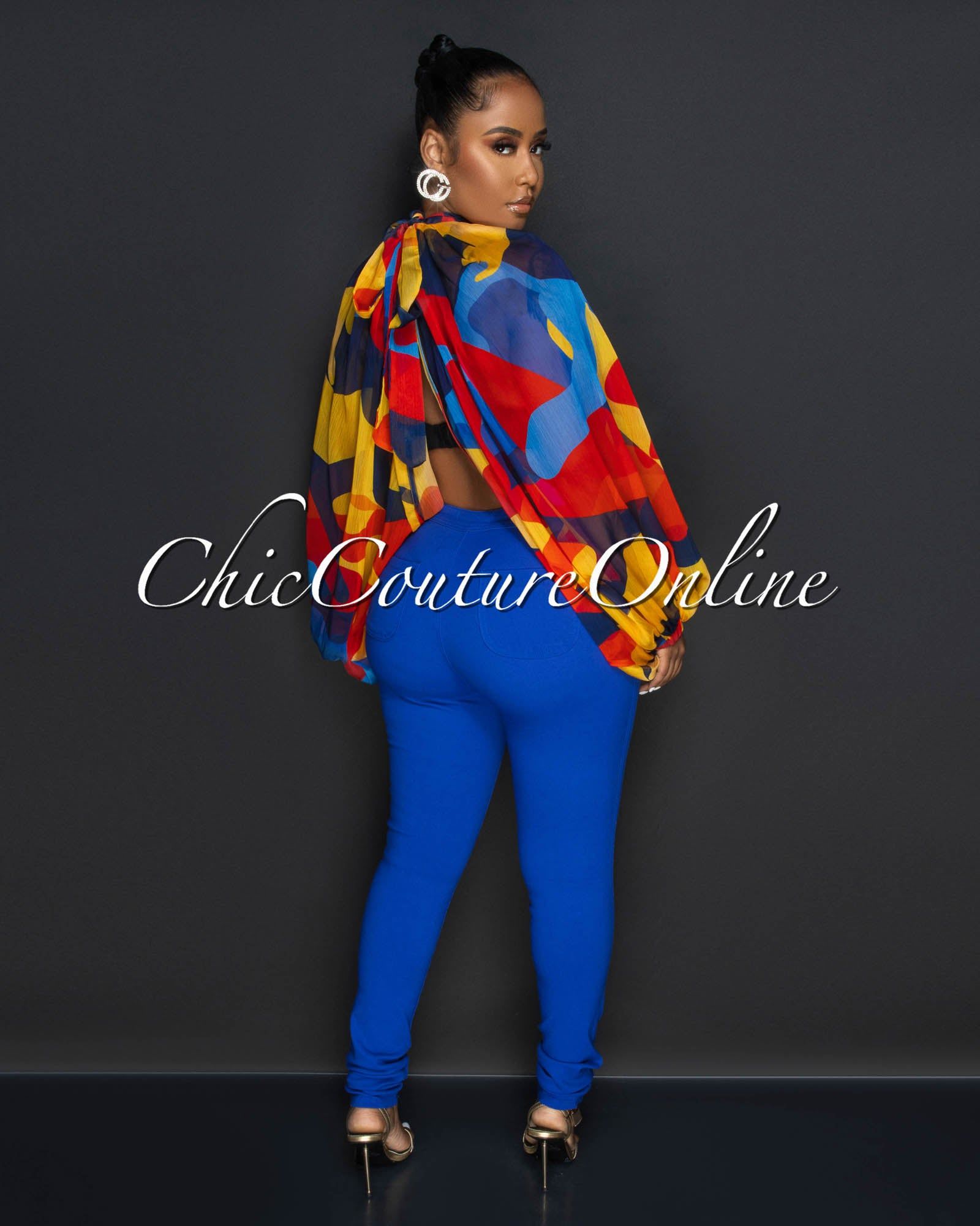 Maurice Blue Red Yellow Print Sheer Flowy Top sold by Chic Couture product image thumbnail 3
