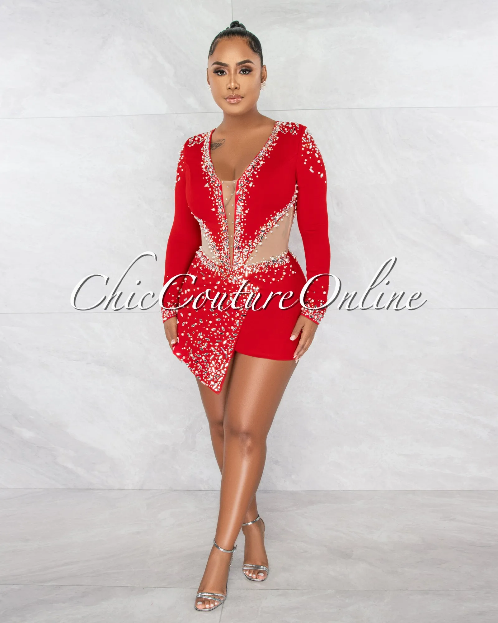 *Sebban Red Rhinestones Mesh Accent Romper sold by Chic Couture product image thumbnail 2