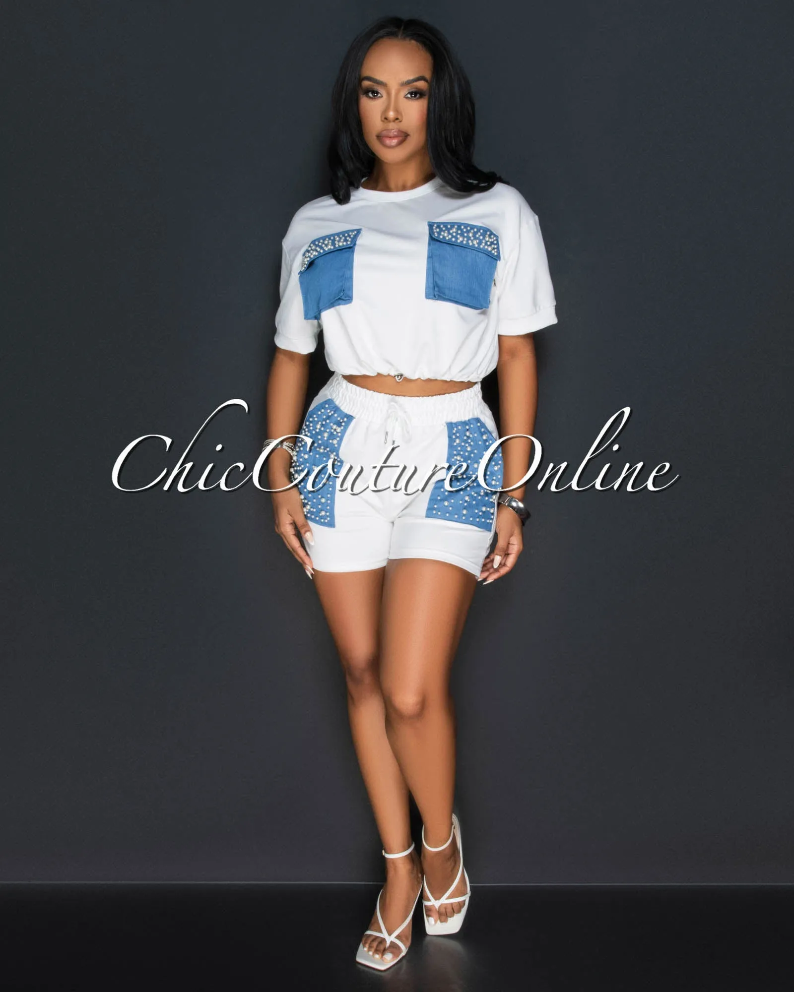 *Panora White Blue Pearl Pockets Crop Top & Shorts Sporty Set sold by Chic Couture product image thumbnail 2