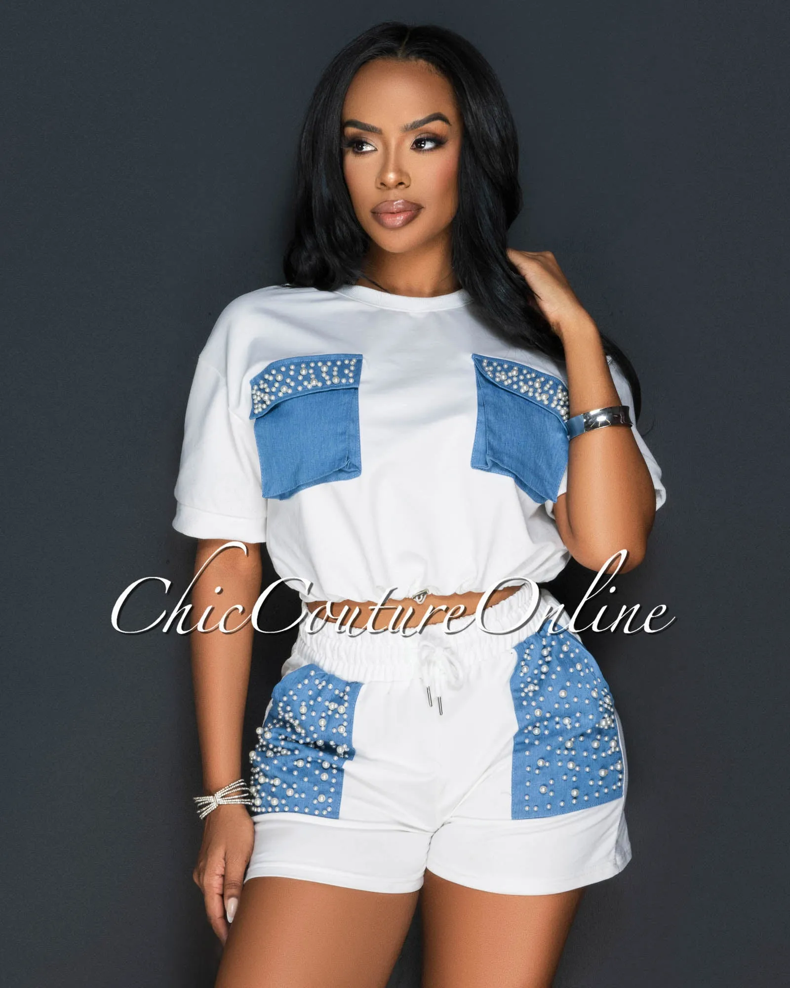 *Panora White Blue Pearl Pockets Crop Top & Shorts Sporty Set sold by Chic Couture product image thumbnail 4