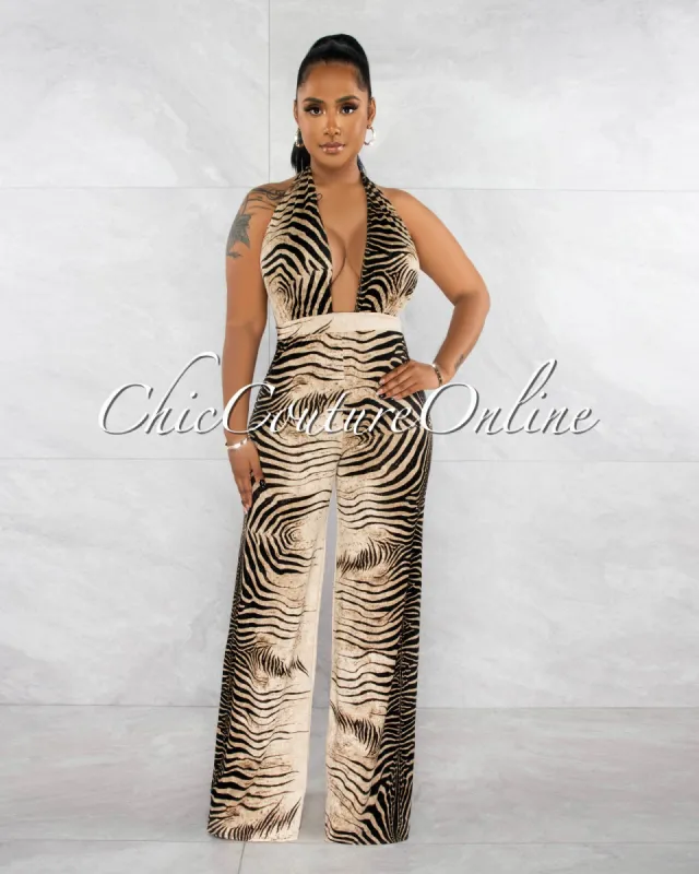 *Mercie Brown Black Zebra Print Halter Wide Legs Jumpsuit sold by Chic Couture