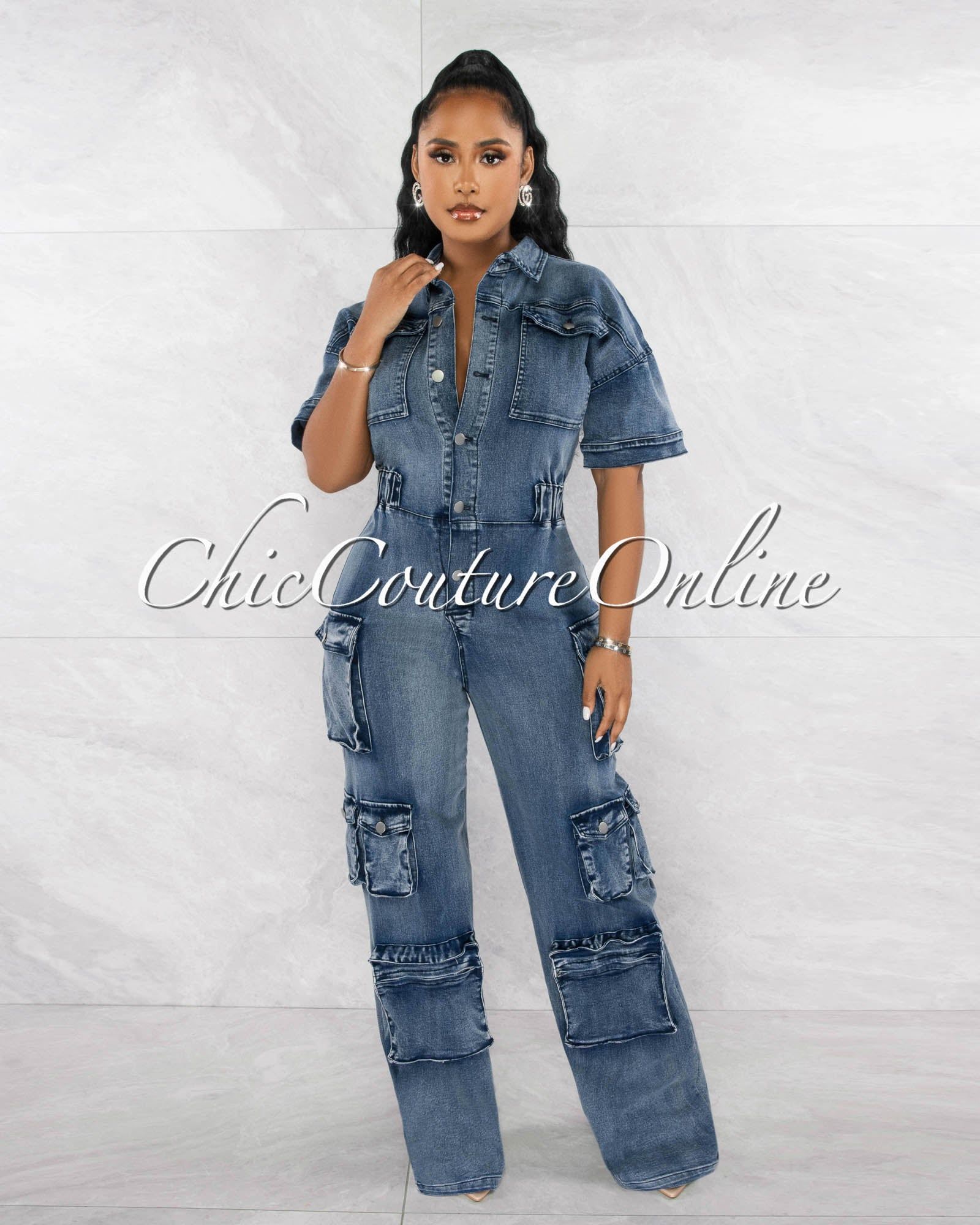 Bania Dark Washed Denim Silver Buttons Cargo Jumpsuit sold by Chic Couture product image thumbnail 2