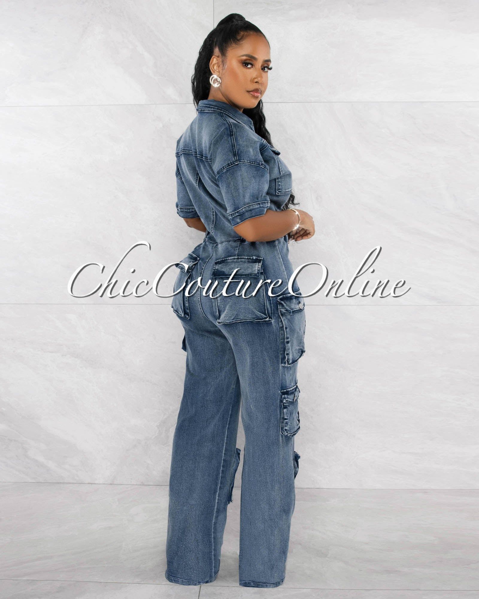 Bania Dark Washed Denim Silver Buttons Cargo Jumpsuit sold by Chic Couture product image thumbnail 3
