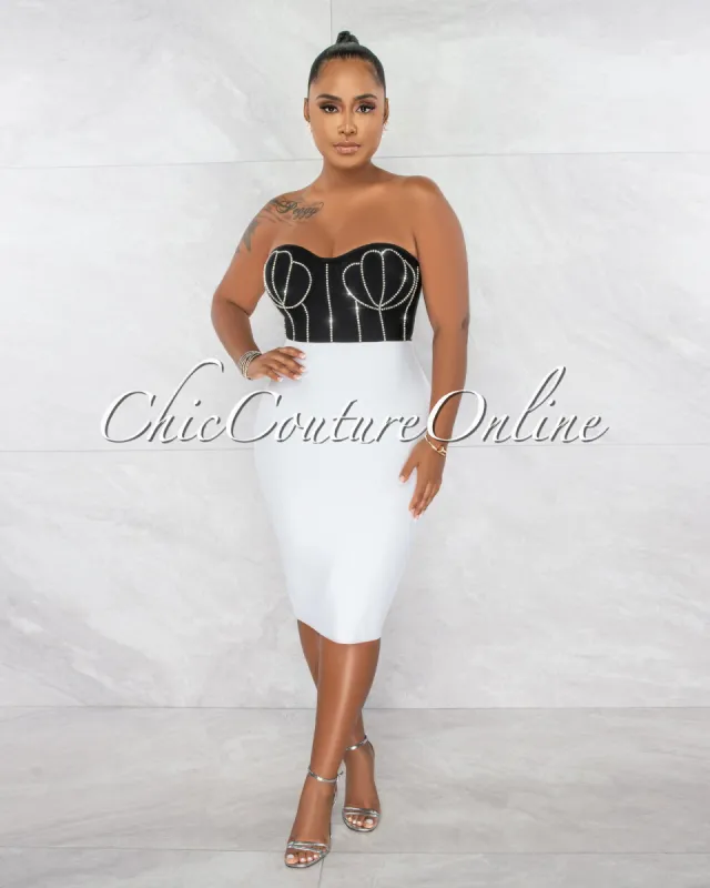 *Presley Black White Rhinestones Accent Bandage Midi Dress sold by Chic Couture
