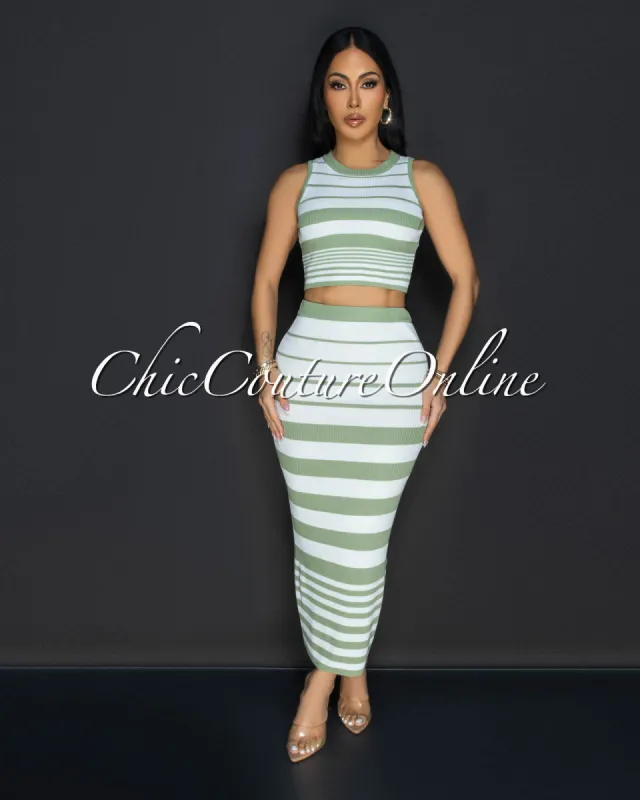 Evaline White Green Stripes Top & Midi Skirt Set sold by Chic Couture