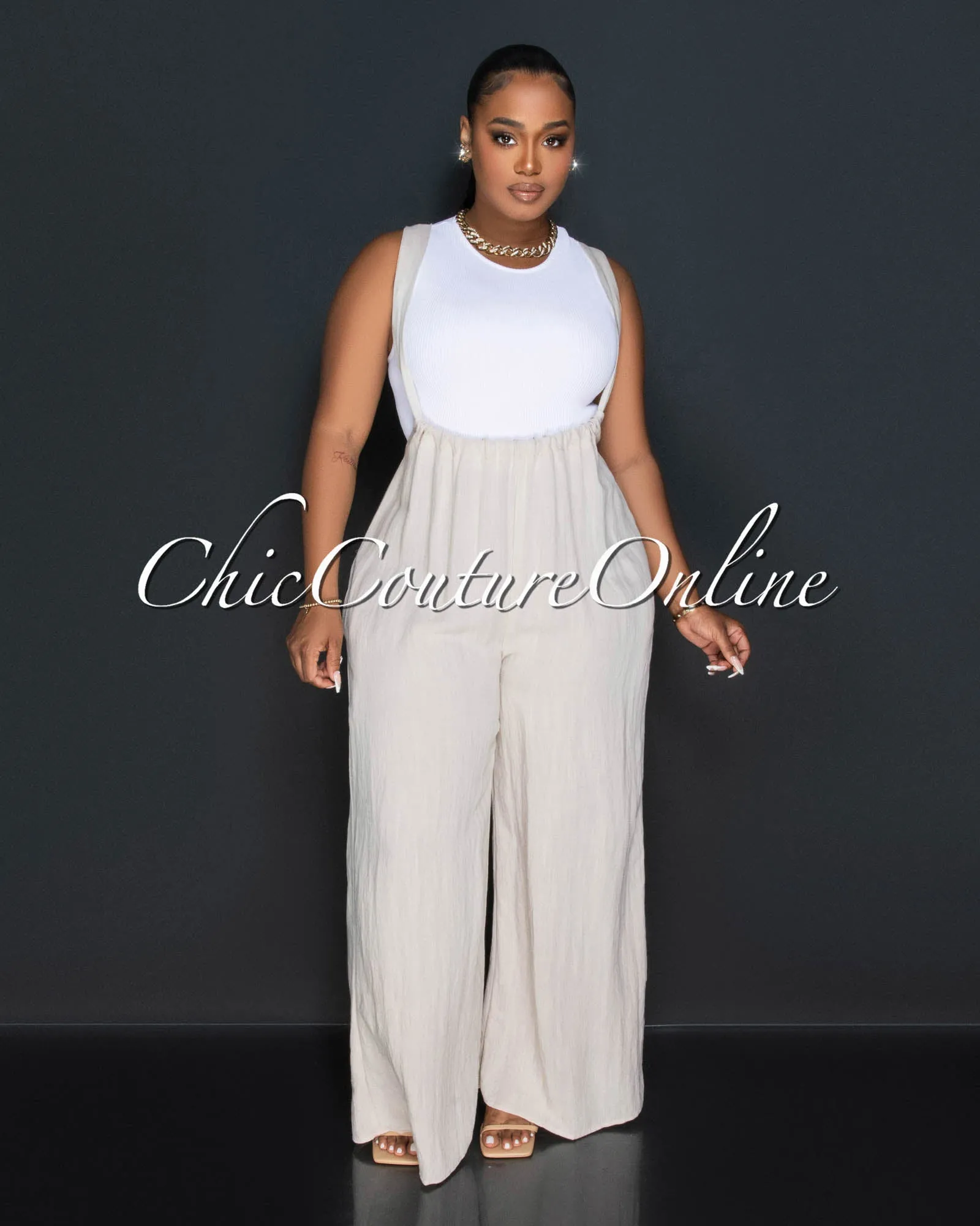 Tinlee Khaki Overall Wide Legs Jumpsuit sold by Chic Couture
