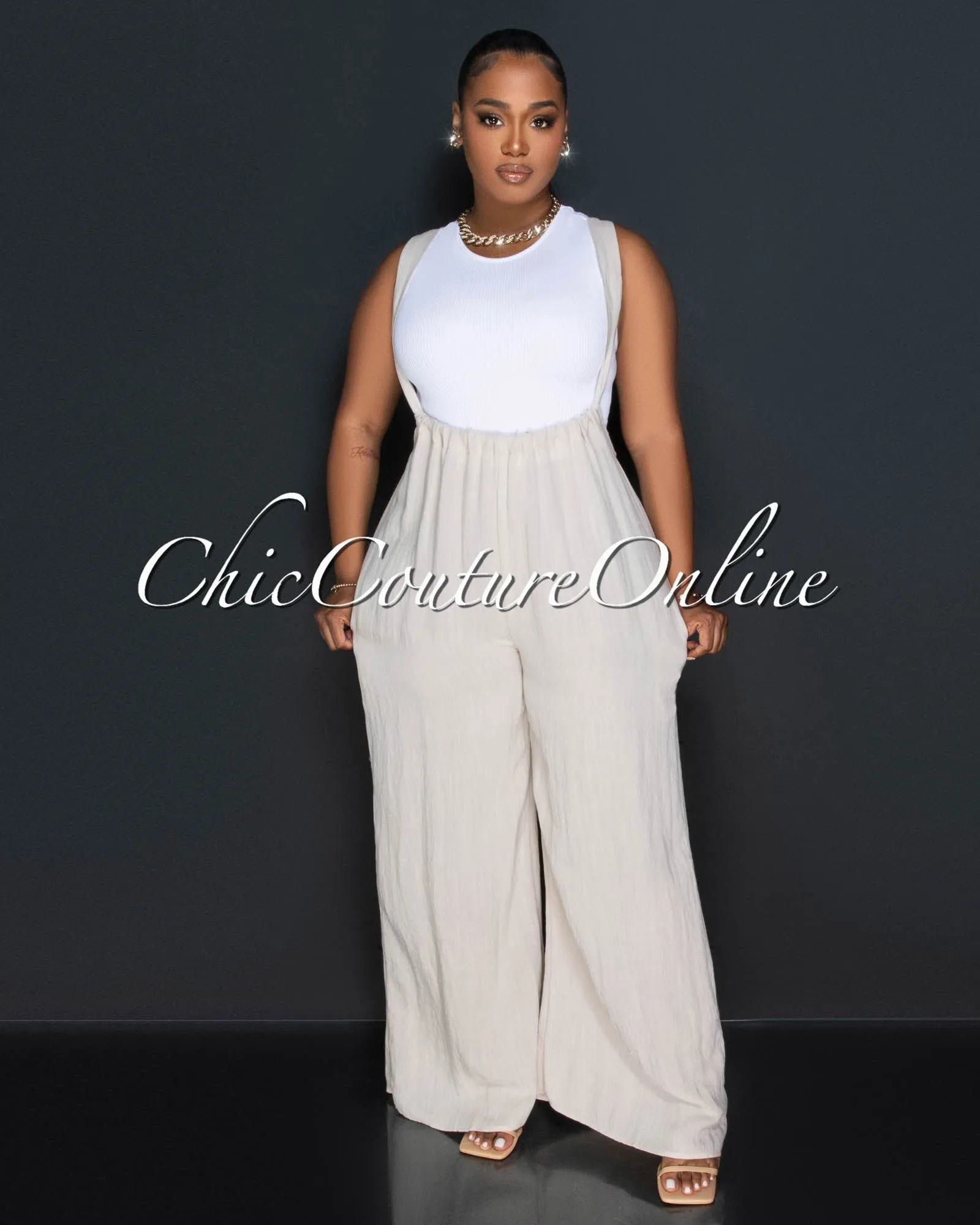 Tinlee Khaki Overall Wide Legs Jumpsuit sold by Chic Couture product image thumbnail 2