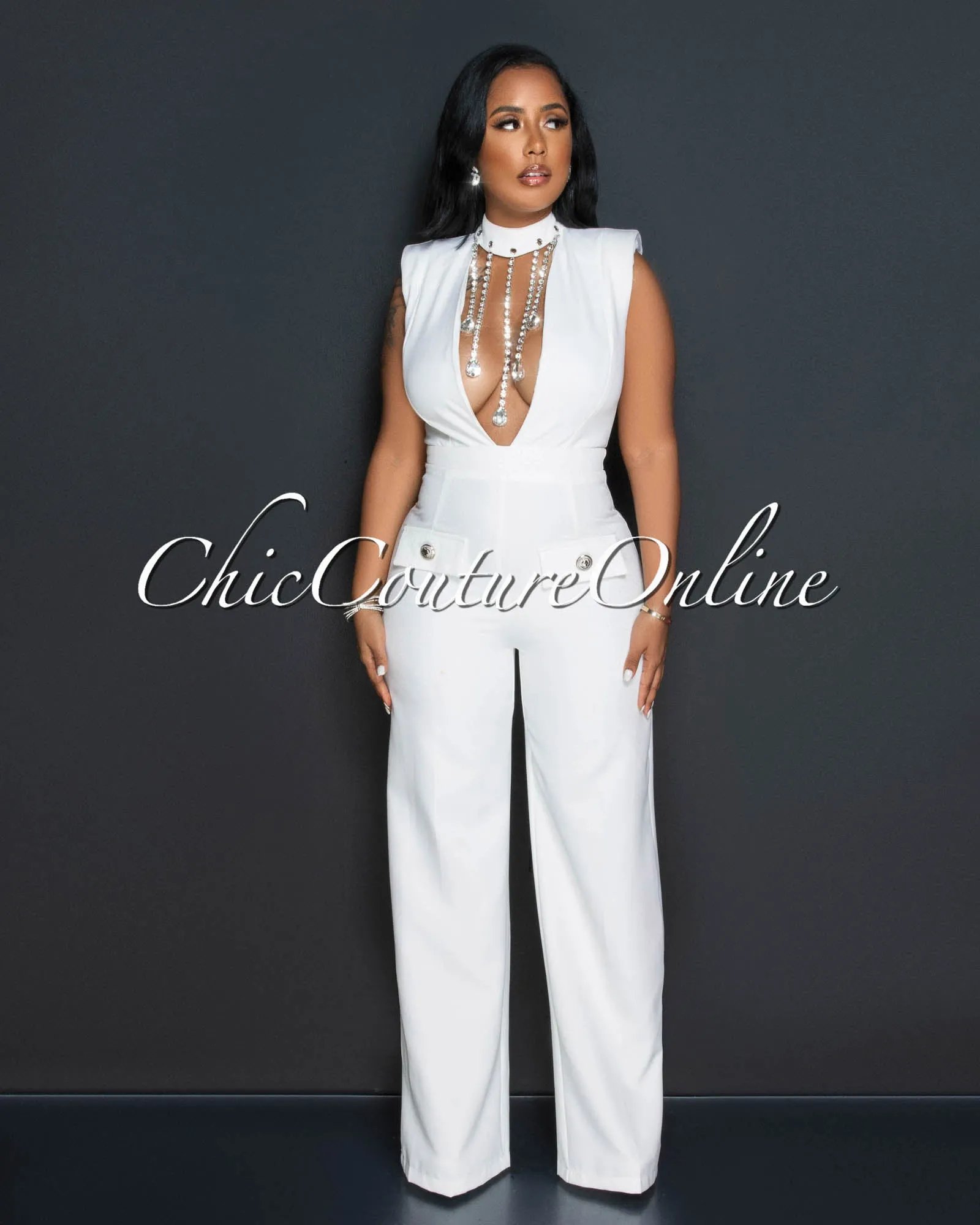 *Dionne Off-White Bust Rhinestones Accent Jumpsuit sold by Chic Couture product image thumbnail 2