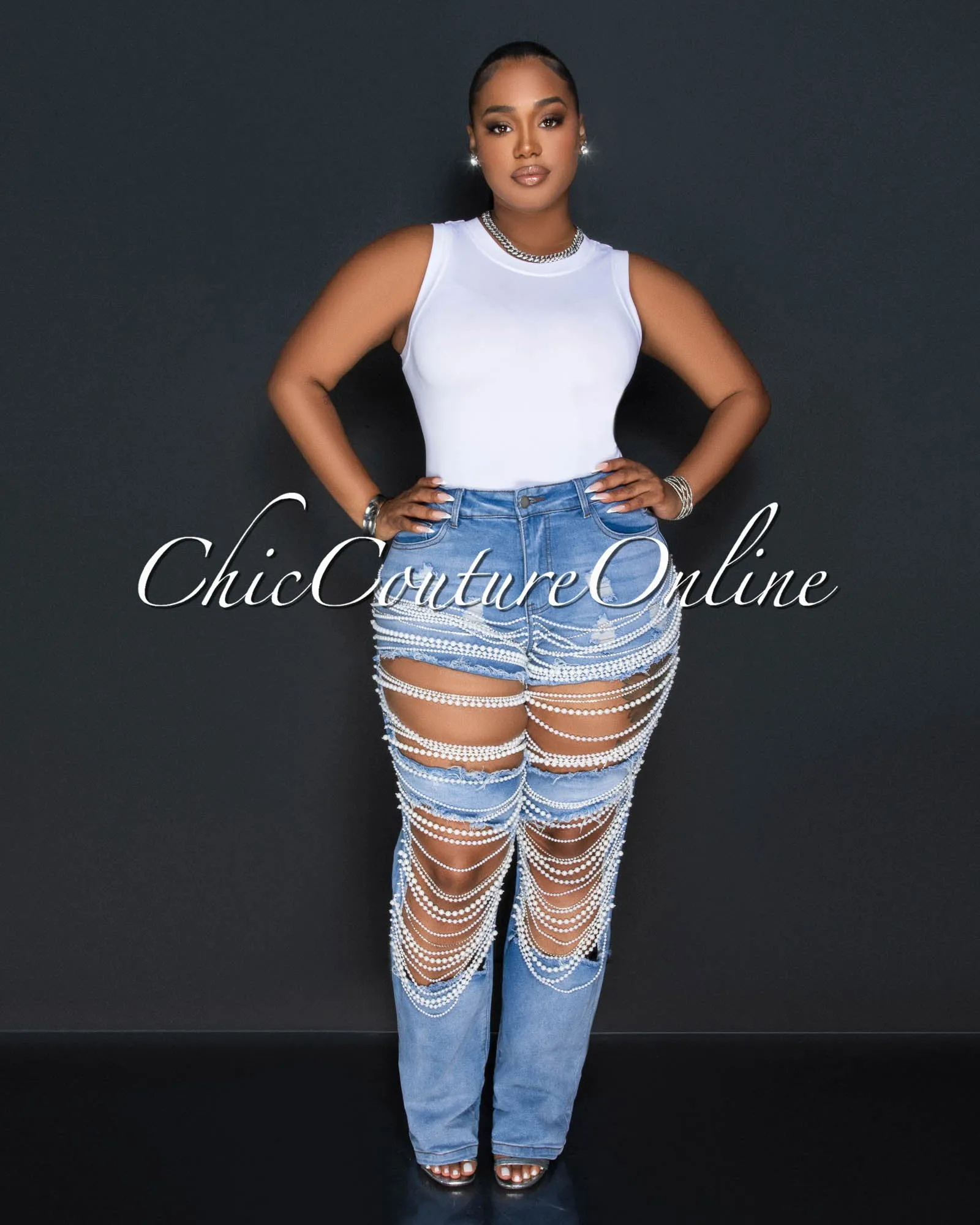 *Fantana Light Denim Pearl & Rhinestones Destroyed Jeans sold by Chic Couture