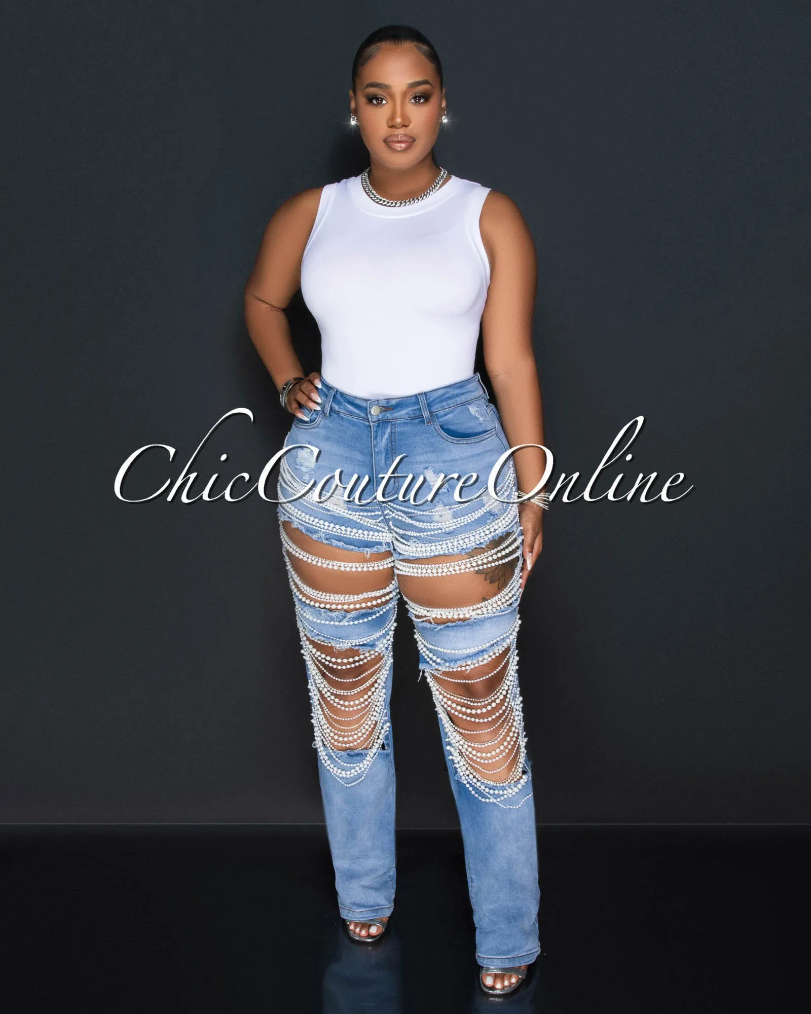 *Fantana Light Denim Pearl & Rhinestones Destroyed Jeans sold by Chic Couture product image thumbnail 2