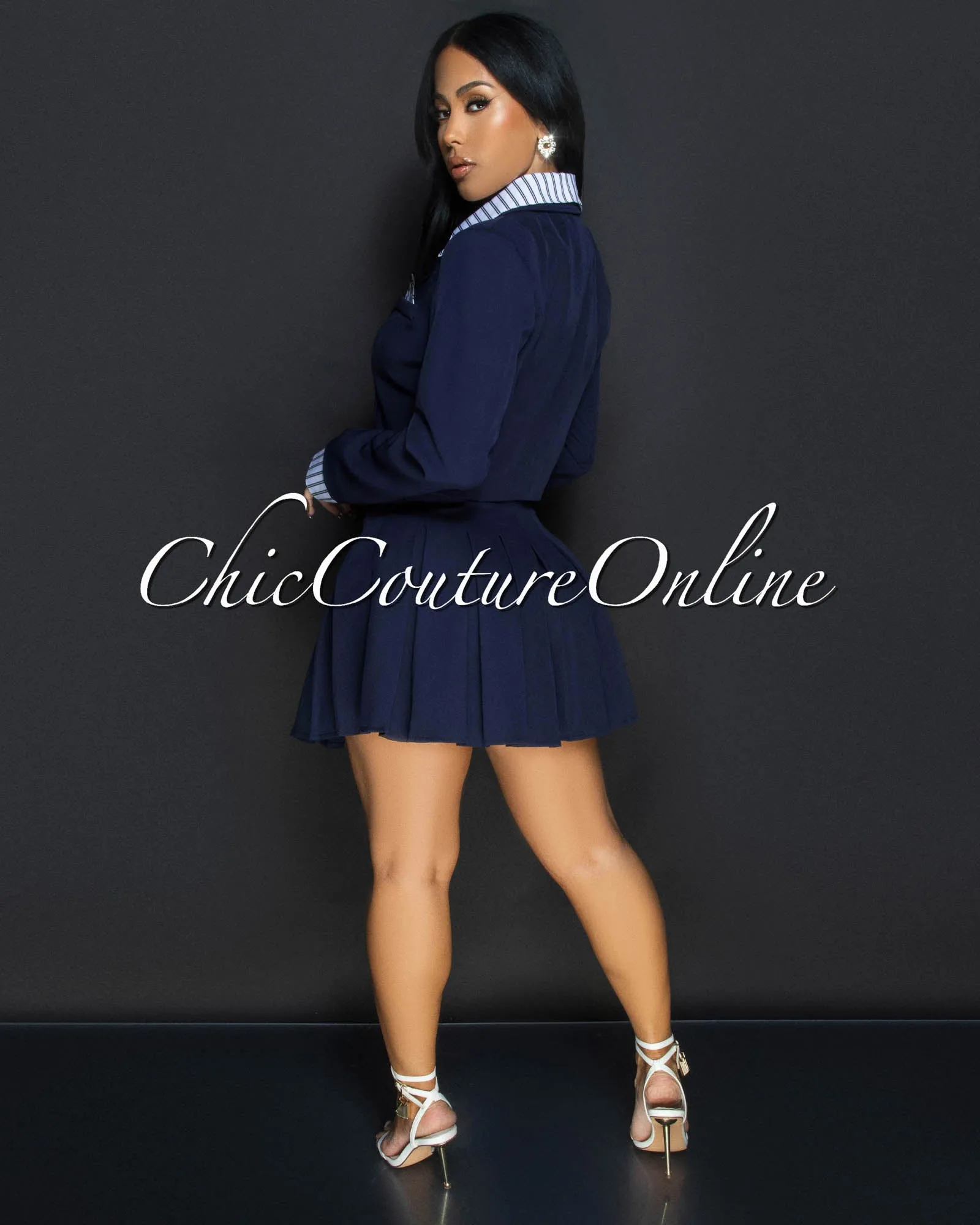 Joda Navy Blue White Blazer & Mini Pleated Skirt Set sold by Chic Couture product image thumbnail 3