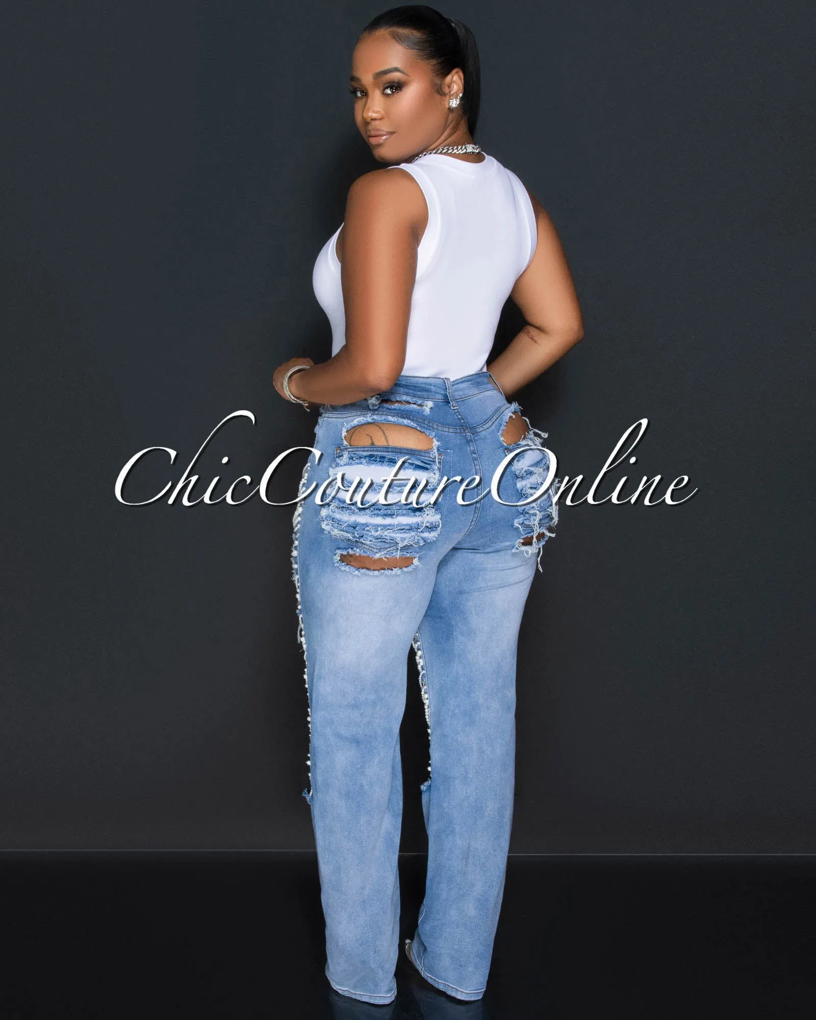 *Fantana Light Denim Pearl & Rhinestones Destroyed Jeans sold by Chic Couture product image thumbnail 3