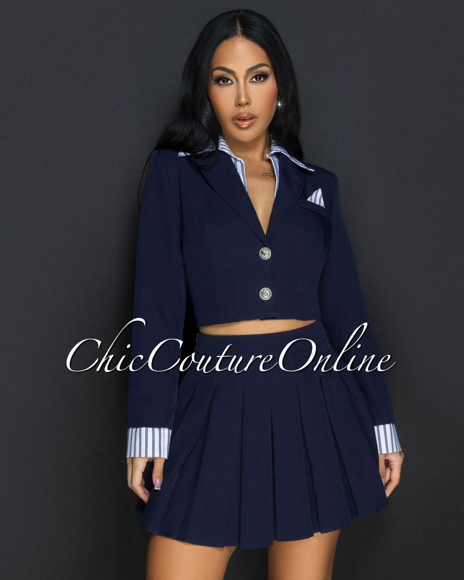 Joda Navy Blue White Blazer & Mini Pleated Skirt Set sold by Chic Couture product image thumbnail 2
