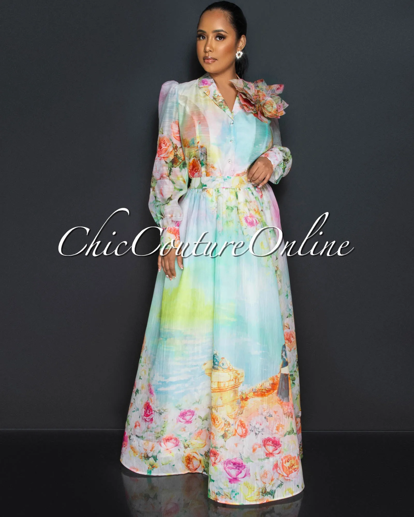 *Karin Green Yellow Flower Accent Blouse & Maxi Skirt Set sold by Chic Couture product image thumbnail 2
