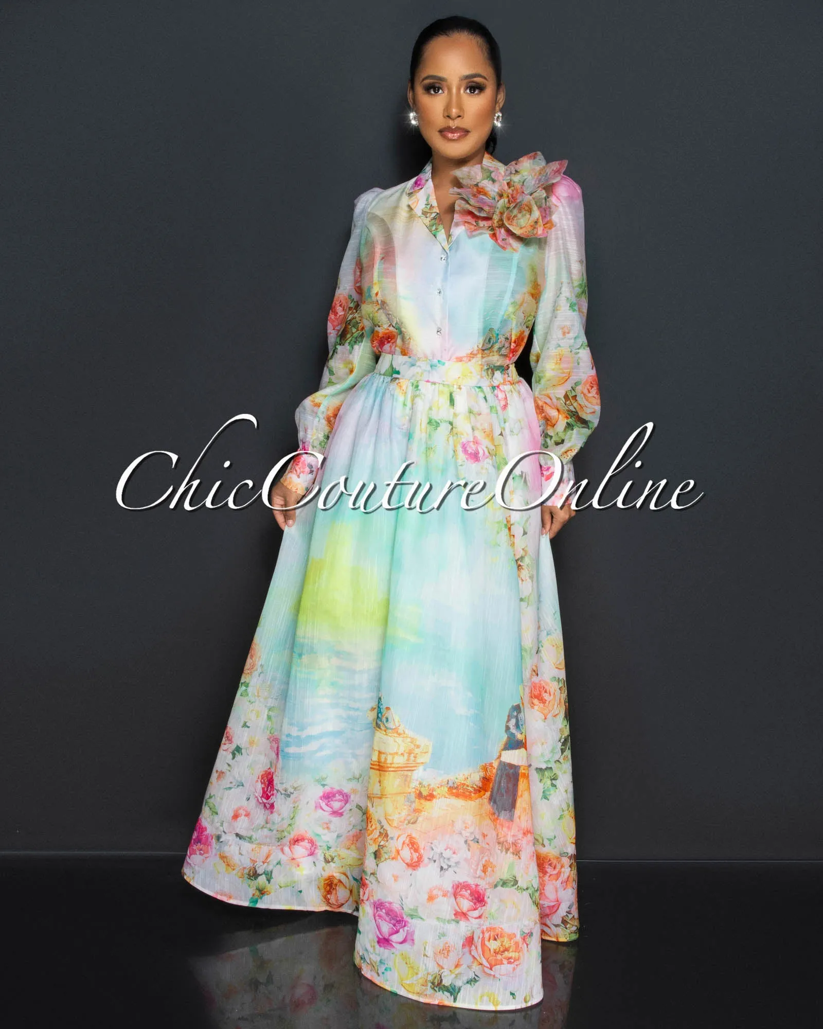 *Karin Green Yellow Flower Accent Blouse & Maxi Skirt Set sold by Chic Couture