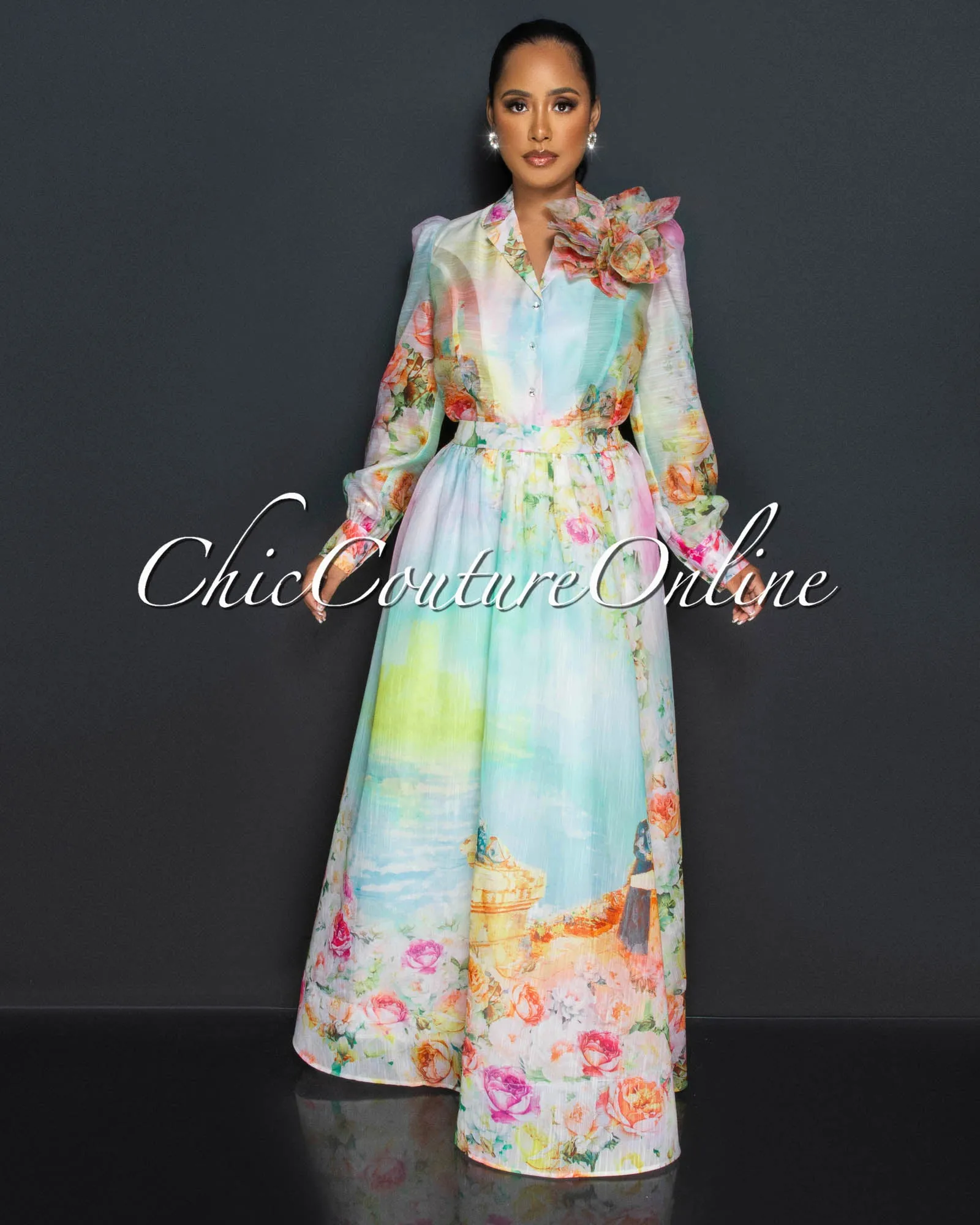 *Karin Green Yellow Flower Accent Blouse & Maxi Skirt Set sold by Chic Couture product image thumbnail 3