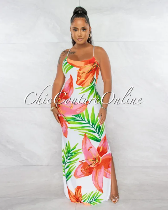 *Amaria White Multi-Color Print Lace-Up Back Maxi Dress sold by chic