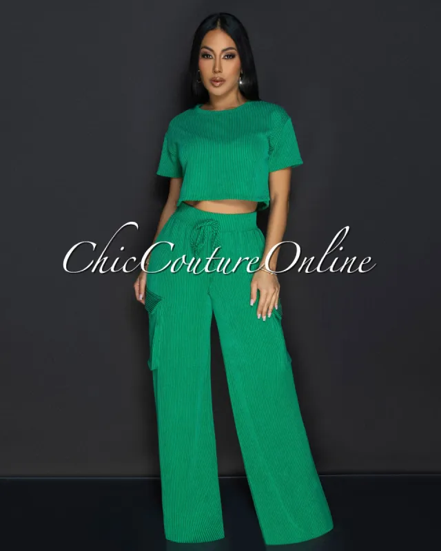 Myna Kelly-Green Ribbed Crop Top & Cargo Pants Set sold by Chic Couture